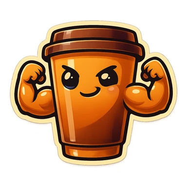 Tall coffee cup, showing off muscles, smirking, flirty sticker