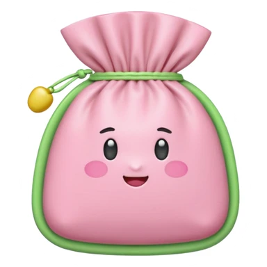 A Korean fortune pouch (bokjumeoni) in iPhone emoji style, pastel pink and light green colors, soft 3D glossy texture, centered, no outlines, transparent background. sticker