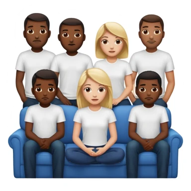 A white girl sitting on a couch with 10 black men in white shirts behind her  sticker
