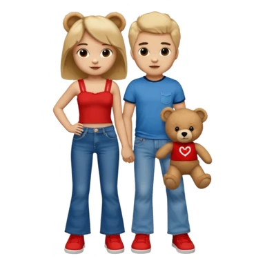 A boy and a girl teddy bear for the boy bear put on true religion shirt and jeans with black shoes and for the girl put flare jeans and a red tube top and white shoes just bears not the humans  sticker