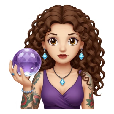 woman with long curly brown hair, brown eyes, white skin, tattoos, holding a crystal ball showing nonsense sticker