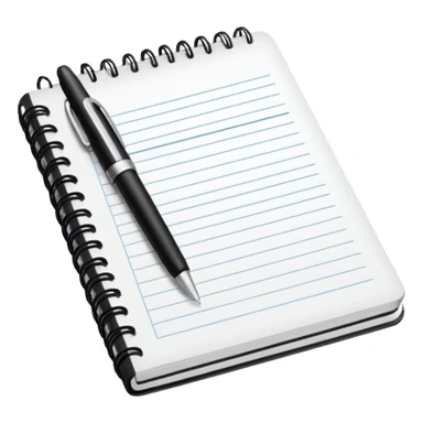 Front-facing notebook icon with a pen on the right side, minimal line-art, clean modern style, perfectly straight angle (no tilt), simple outlines, slightly 3D, no background, transparent, “documenting / journaling / tracking progress sticker