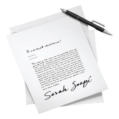 a paper letter with "TO SARAH" text written at the top of the letter, with a pen lying next to it sticker