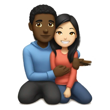Black guy and Asian girl cuddle near by fireplace  sticker