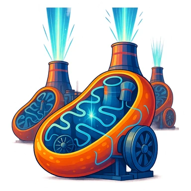 mitochondria as futuristic nuclear power plants, visible energy beams and turbines, bright colors, modern illustrative style inspired by DALL·E 3, clear background, focus on mitochondria-nuclear power plant only sticker