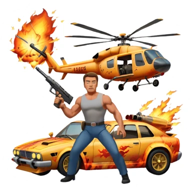 Icon for Action Movies: Arnold Schwarzenegger in the lead role, in an intense action pose with weapons, explosions, a car and helicopter flying out of flames in the background. The design should capture the explosive energy and heroism of classic action films. Transparent background. sticker