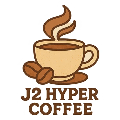 flat style logo for j2_hyper_coffee, brown and cream colors, inspired by coffee beans and coffee steam sticker
