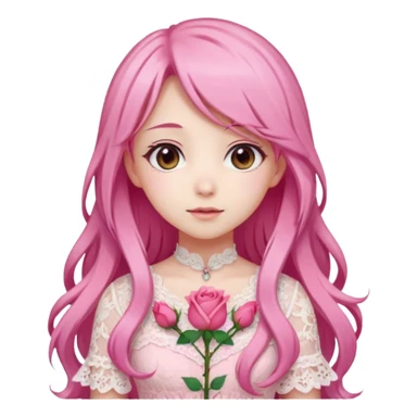 pastel anime woman with pink and white lace dress full body and long hair in a rose garden background sticker
