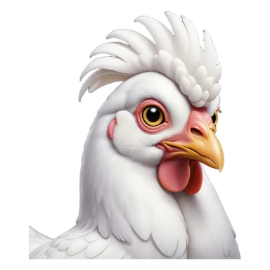 Cinematic Noble White Chicken Portrait Emoji, Poised and regal, with a compact, sturdy build and a pristine, well-groomed pure white plumage, deep-set soulful beady eyes, Simplified yet sharp and sophisticated features, highly detailed, glowing with a soft, dignified glow, high shine, intelligent and alert, stylized with an air of barnyard elegance, focused and attentive, soft glowing outline, capturing the essence of a watchful and confident fowl, so majestic it feels as though it could strut out of the screen with effortless authority! sticker