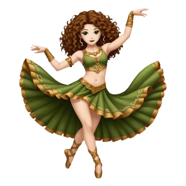 full body woman long curly brown hair brown eyes white skin tattoos muscular build moss silk dancer costume, mid spin sticker