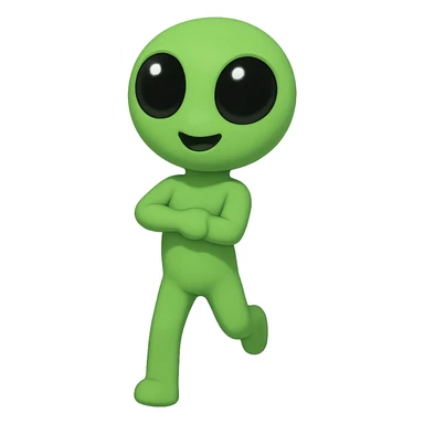 Create a neon green alien dancing, almost identical to the reference image, with minimal changes in the positions of arms and legs, looking straight ahead. This is frame 5 of an animation. PNG format with transparent background. sticker