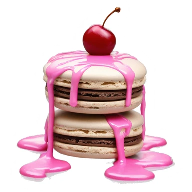 Single Realistic pastel macaron drizzled in metallic silver drip and pink cherry placed on top of the drip and cookies. sticker