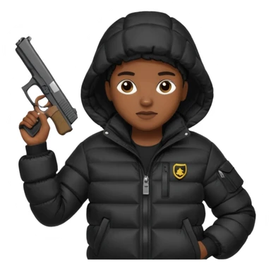 african american wearing a black puffer jacket with the hood on and holding a glock 26 sticker