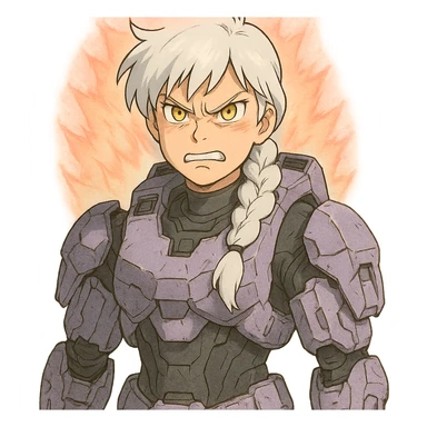 making an angry scowl, frown closed mouth, rage face, rage aura,  female, wearing reach spartan armor shoulder-unequip, long white braid hair with massive messy front side single bangs, gold yellow eyes, attention pose, D-cup size, HALO:series, no helmet, the armor is lavender color scheme, sticker
