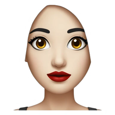 straight black hair,red lipstick,black eyes, white skin and a small nose sticker