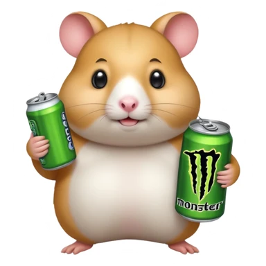 Funny cartoon-style fat hamster with big wide eyes  holding a can of monster energy in one hand and redbull in the other hand sticker