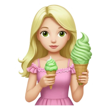 girl blonde long hair in pink dress,  holding matcha ice cream sticker