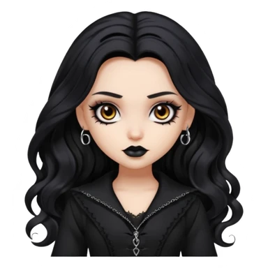goth bratz baddie, beautiful brown eyes, long wavy black hair, black gothic hair styled, black goth clothes sticker