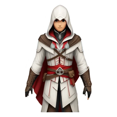 icon featuring Assasin's Creed in an iconic assassin's hood, standing tall against the backdrop of Florence. The design captures the essence of adventure, with intricate details of historical architecture and a sense of mystery. The character is poised, ready for action. transparent background. sticker