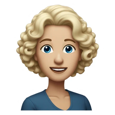 widow with blonde, medium length curly hair, blue eyes and 60 years old sticker