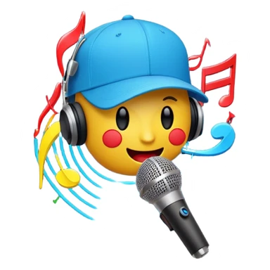 Create a dynamic and energetic emoji that represents beatboxing. The design should feature a microphone with a singing mouth and soundwaves or rhythmic beats emanating from it, symbolizing the vocal percussion and rhythm of beatboxing. Add a cap placed on top of the microphone to reflect street culture and the individuality of the performer. Include musical notes floating around to emphasize the musicality. Use bold, vibrant colors like neon blue, red, and yellow to convey energy and excitement. The background should be transparent sticker