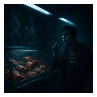 cinematic horror scene: butcher counter with ambiguous pork cuts, a person stepping back scared, background with blackboard showing DNA and human anatomy, blue lights and deep shadows, surreal and symbolic atmosphere, 4K quality sticker