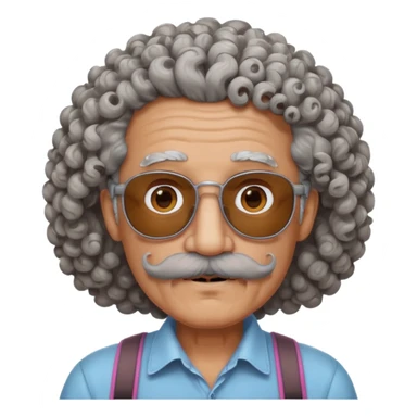 old guy with very curly hair and brown shades and big  pink mustache sticker