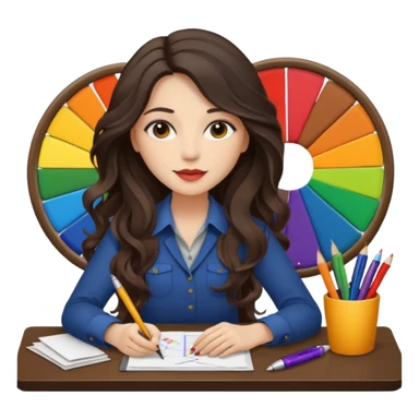 female dark wavy long hair graphic designer , color wheel, pens, papers, desktop sticker