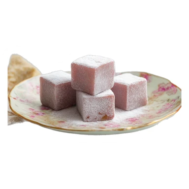 Turkish delight stacked cubes with chopped walnuts and covered with powdered sugar, on a floral porcelain plate sticker