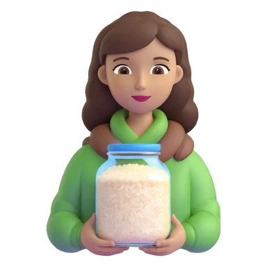 designer woman with brown hair holding a big glass jar of rice sticker