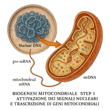 biogenesi mitocondriale, step 1: attivazione dei segnali nucleari e trascrizione di geni mitocondriali, hyperrealistic detailed colored drawing on white textured paper, isolated on white background, visible molecular details sticker