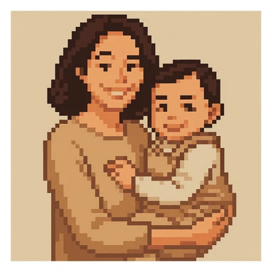 A happy mother with a child in beige clothes in different poses, pixel art style sticker