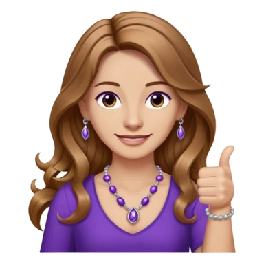 lady with long wavy русые hair, purple top, карие eyes, thumbs up, с бусами белые и серебром на шее sticker