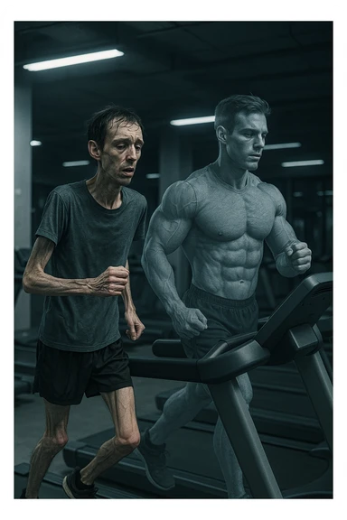 Uomo magro e affaticato che corre su tapis roulant in una palestra. I muscoli delle braccia e delle gambe appaiono ridotti e svuotati, come se stesse perdendo massa muscolare. Espressione stanca sul volto, con accanto una figura trasparente di sé stesso più muscolosa a confronto. Luci fredde e atmosfera di sovrallenamento. in italiano sticker