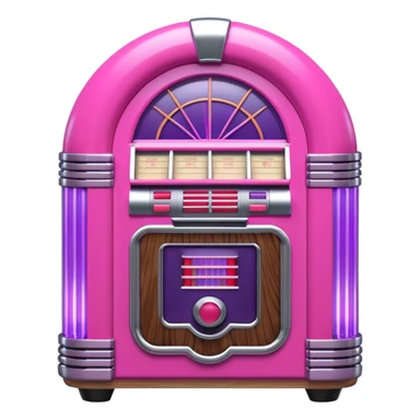 3D render of Jukebox, vintage 1980s audio equipment aesthetic, tactile analog buttons, neon pink and purple light tubes with chrome trim, mixed wood grain and brushed aluminum textures, Apple emoji style, isolated on white background --v 6.0 sticker