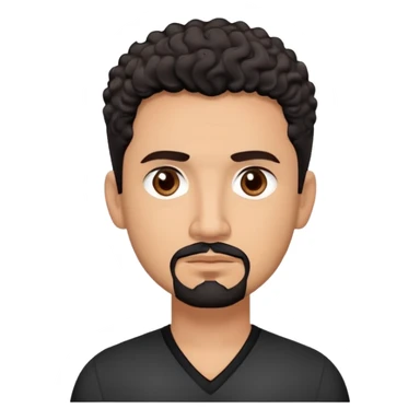 Latino theatre director with light cinnamon skin. Structured face with defined features. Critical dark brown eyes. Thoughtful expression. Well-groomed black goatee with some gray. Short curly dark hair. Wearing a black V-neck shirt with minimal design. sticker