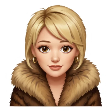 cinematic realistic ultra HD glamorous extremely made up Hilary Duff extremely skinny in a shaggy fur coat with bronze glow sticker