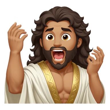 Cinematic Realistic Hercules Portrait, head tilted slightly with a dramatic, wide-open yawn, revealing a moment of relaxed, unguarded strength. His bronze, sculptural skin and thick, wavy dark hair retain their classical beauty even in repose. Draped in a gracefully flowing white robe with subtle golden details, the portrait is bathed in soft natural lighting, capturing a tender glimpse of vulnerability from a timeless Greek hero. sticker