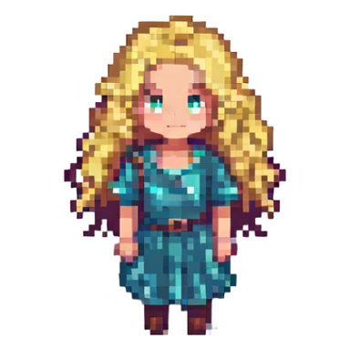 a girl with blonde curly hair, pixel art style sticker