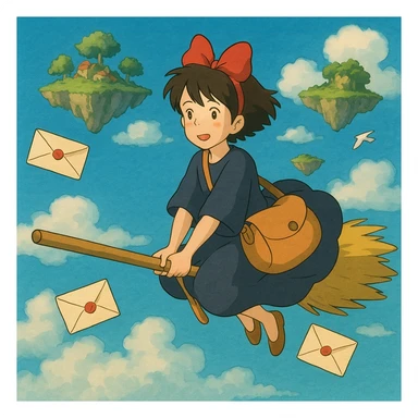 A mail carrier girl on a broomstick delivering letters to flying islands.

 sticker