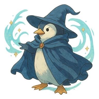 penguin wizard with a flowing cloak and magical aura sticker