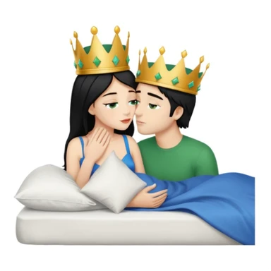 Blonde Queen with crown, Green eyes, naked, kissing man, naked, no crown, black hair, blue eyes, whole Body, Background bed sticker