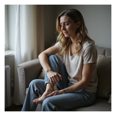 realistic 4K woman sitting on a bench, putting an orthotic insole into her shoe, showing relief expression, then massaging her foot with slight discomfort sticker