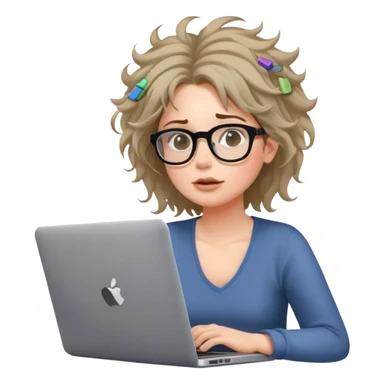 A woman in glasses, a laptop on her lap, chaotic notes flying around, messy hair, three thought bubbles above her head. sticker