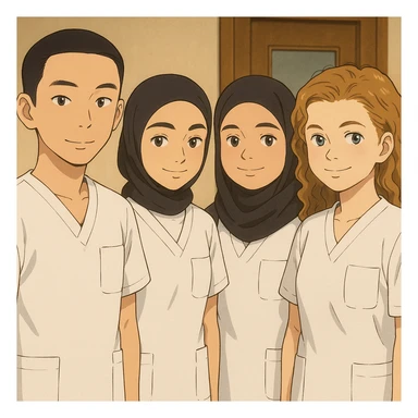 Four nursing students standing side by side indoors, each wearing a white short-sleeved uniform with a V-neck medical tunic, left chest pocket, no collar stand, no stethoscope, nothing protruding from the sleeves, friendly ambiance, no feet visible. sticker