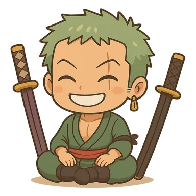 Remove the white lines over Zoro, keep the chibi cartoon style, sitting cross-legged with swords beside him, smiling, no background. sticker