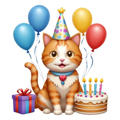 Ginger cat celebrates birthday, birthday hat, birthday cake, balloons, happy, gifts sticker