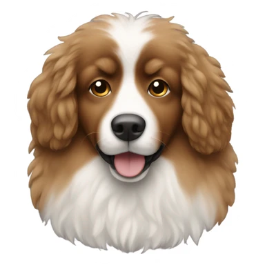 brown fluffy dog with white chest sticker