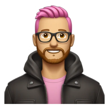 white man with brown beard and pink mohawk haircut and thick glasses wearing a leather coat sticker