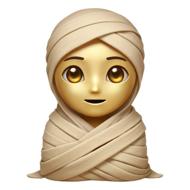 Cinematic Cute Mummy Portrait Emoji, with a delightfully charming, slightly clumsy bandaged form in warm faded tones and subtle hints of gold, featuring wide, curious eyes peeking from the wrappings and a sweet, innocent smile, simplified yet adorably detailed, glowing with a soft, ancient warmth and a gentle outline that captures the playful spirit of an ancient mummy! sticker